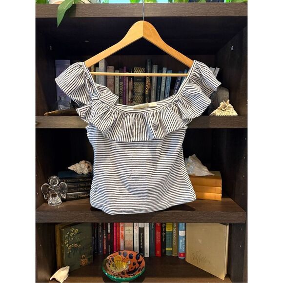 Maeve x Anthropologie Black & White Stripe Ruffle Neckline Blouse Size Small - Picture 5 of 5